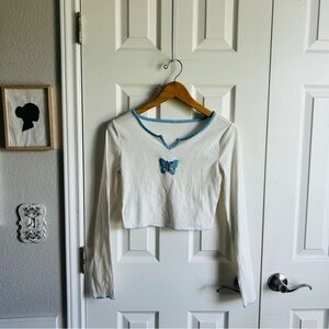 y2k long sleeve crop top w blue butterfly patch